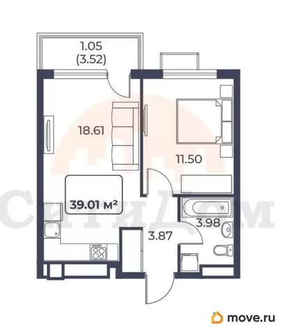 1-комн. квартира, 39.01 м&sup2;