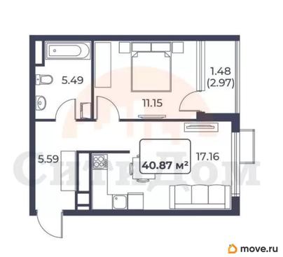 1-комн. квартира, 40.87 м&sup2;
