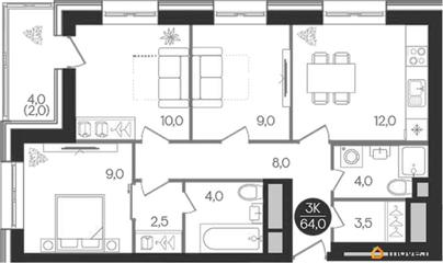 3-комн. квартира, 64 м&sup2;