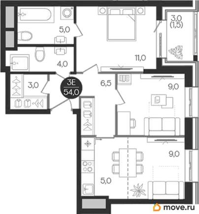 2-комн. квартира, 54 м&sup2;