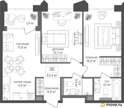 2-комн. квартира, 63.4 м&sup2;