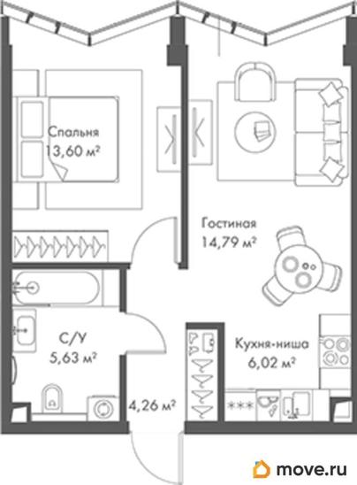 1-комн. квартира, 44.3 м&sup2;
