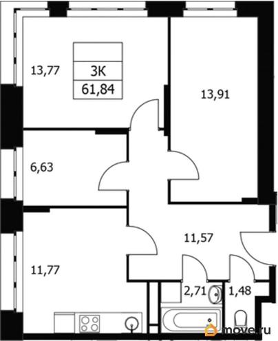 3-комн. квартира, 61.84 м&sup2;