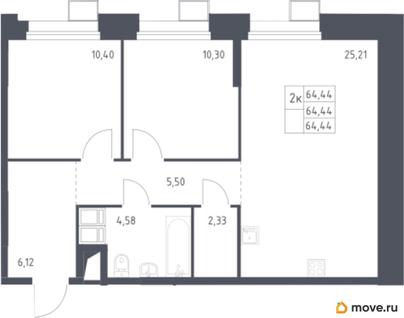 2-комн. квартира, 64.44 м&sup2;