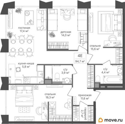 3-комн. квартира, 94.7 м&sup2;