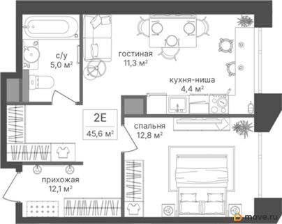 1-комн. квартира, 45.6 м&sup2;