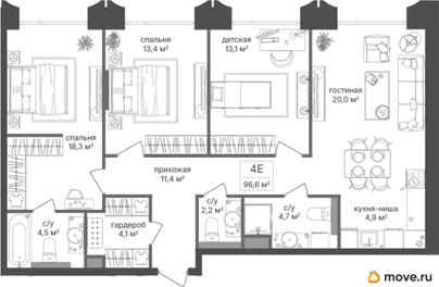 3-комн. квартира, 96.6 м&sup2;