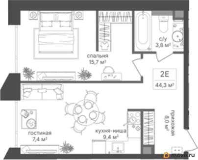 1-комн. квартира, 44.3 м&sup2;
