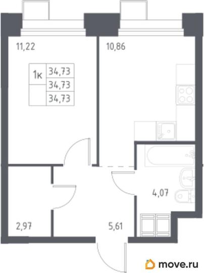 1-комн. квартира, 34.73 м&sup2;
