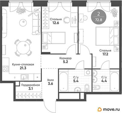2-комн. квартира, 72.8 м&sup2;