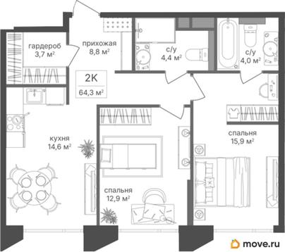 2-комн. квартира, 64.3 м&sup2;