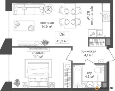 1-комн. квартира, 46.3 м&sup2;