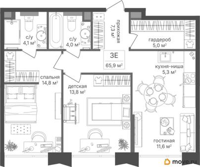 2-комн. квартира, 65.9 м&sup2;