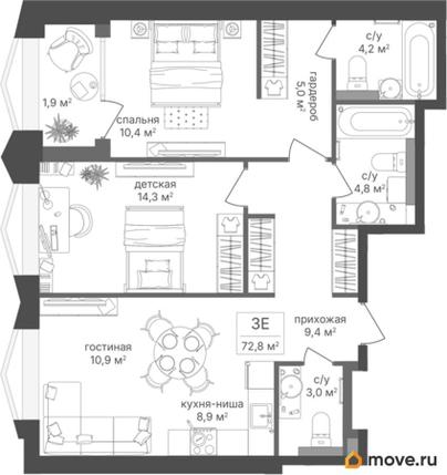 2-комн. квартира, 72.8 м&sup2;