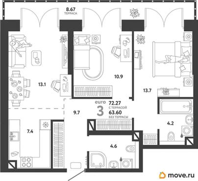 2-комн. квартира, 72.27 м&sup2;