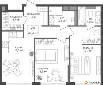 2-комн. квартира, 64.4 м&sup2;