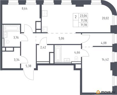 2-комн. квартира, 71.78 м&sup2;