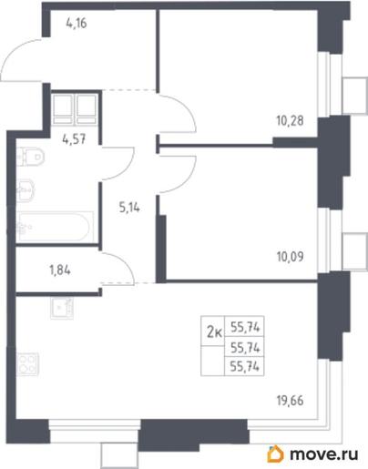 2-комн. квартира, 55.74 м&sup2;
