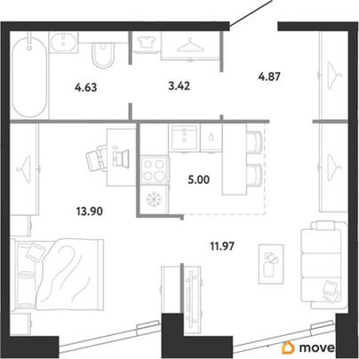 1-комн. квартира, 43.79 м&sup2;