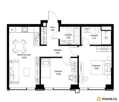 2-комн. квартира, 60.7 м&sup2;