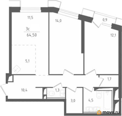 2-комн. квартира, 64.5 м&sup2;
