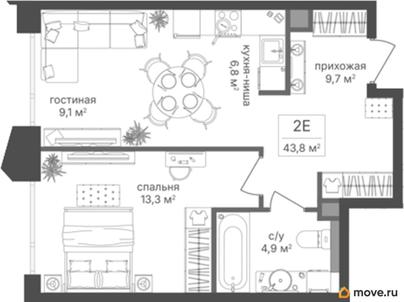 1-комн. квартира, 43.8 м&sup2;