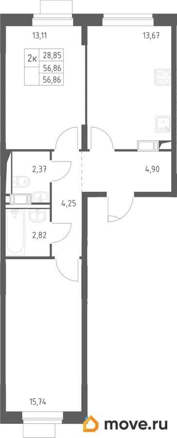 2-комн. квартира, 56.86 м&sup2;