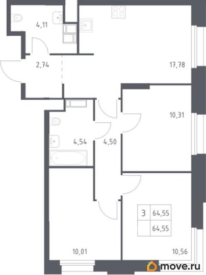 3-комн. квартира, 64.55 м&sup2;
