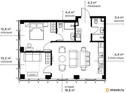 2-комн. квартира, 60.5 м&sup2;