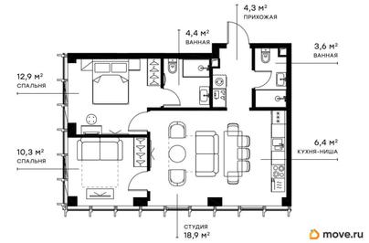 2-комн. квартира, 60.7 м&sup2;