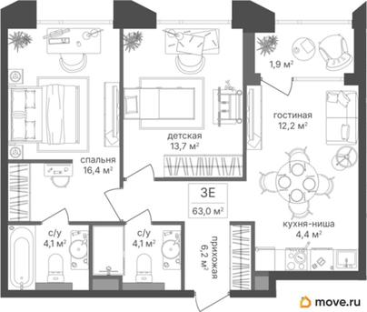2-комн. квартира, 63 м&sup2;