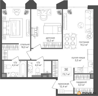 2-комн. квартира, 73.7 м&sup2;
