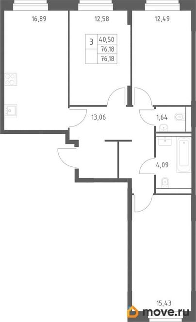 3-комн. квартира, 76.18 м&sup2;