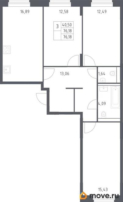3-комн. квартира, 76.18 м&sup2;