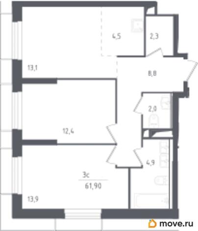2-комн. квартира, 61.9 м&sup2;