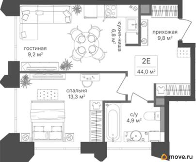 1-комн. квартира, 44 м&sup2;