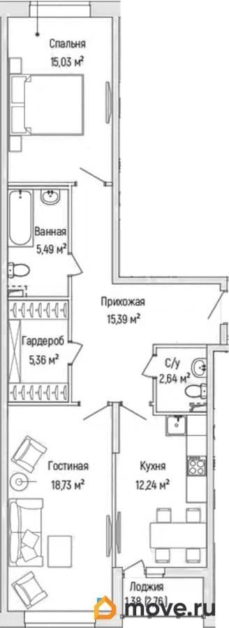 2-комн. квартира, 75.1 м&sup2;