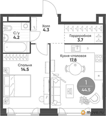 1-комн. квартира, 44.5 м&sup2;