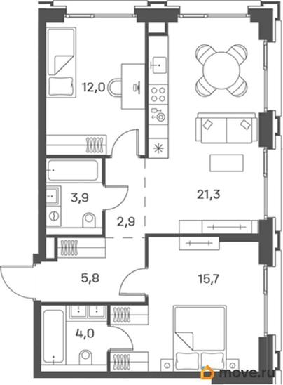 2-комн. квартира, 65.6 м&sup2;