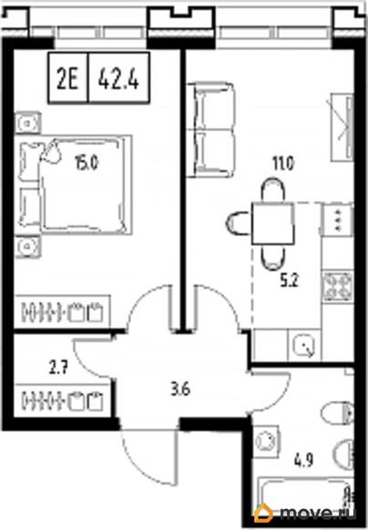 1-комн. квартира, 42.4 м&sup2;