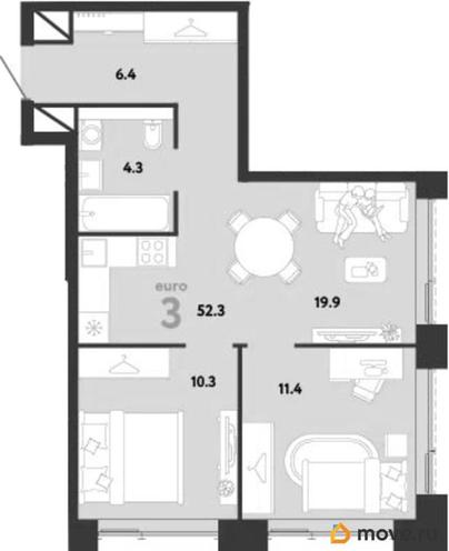 2-комн. квартира, 52.3 м&sup2;