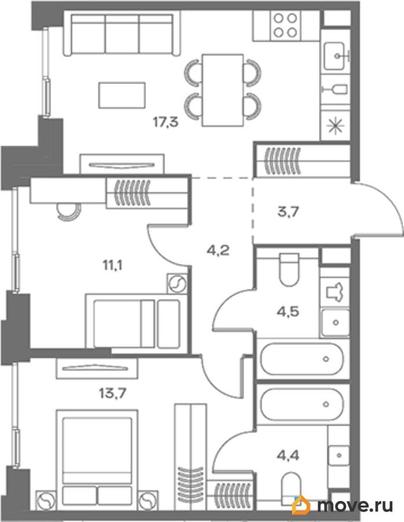 2-комн. квартира, 58.9 м&sup2;