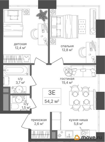 2-комн. квартира, 54.2 м&sup2;