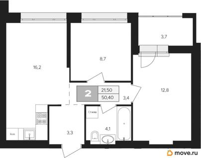 2-комн. квартира, 50.4 м&sup2;