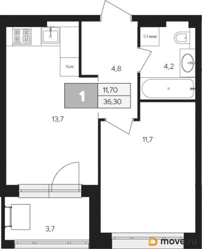 1-комн. квартира, 36.3 м&sup2;