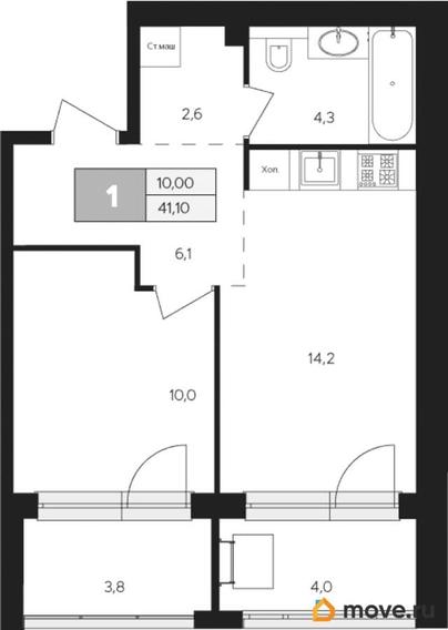 1-комн. квартира, 41.1 м&sup2;