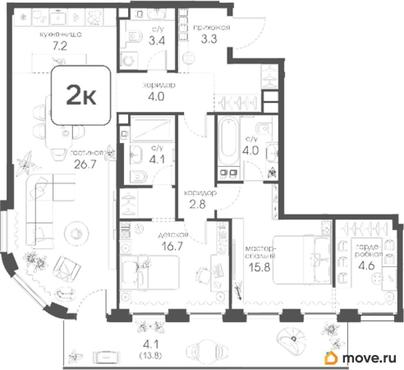 2-комн. квартира, 96.7 м&sup2;