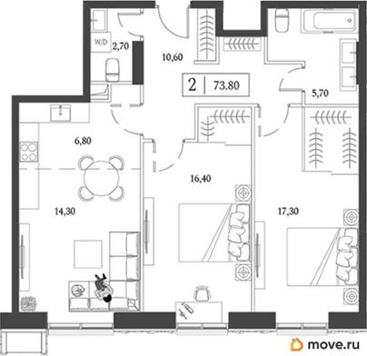 2-комн. квартира, 73.6 м&sup2;