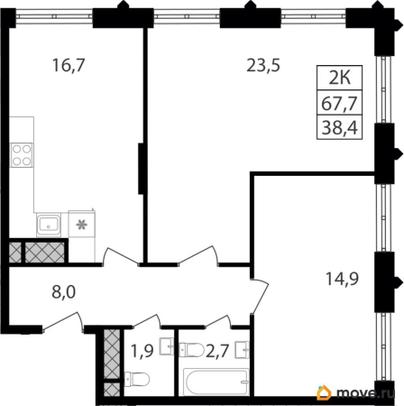 2-комн. квартира, 67.7 м&sup2;