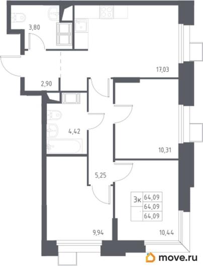 3-комн. квартира, 64.09 м&sup2;
